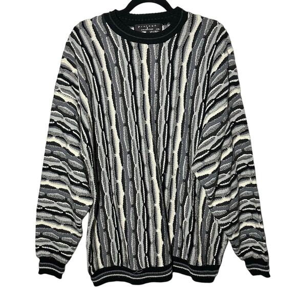 Vintage Protege Mens 3D Knit Black White Gray Patterned Grandpa Sweater Size XXL - Picture 1 of 14